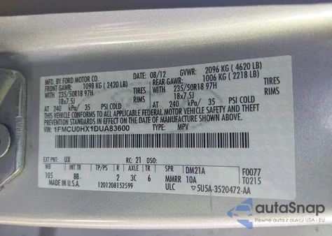 2013 Ford Escape Sel из США, поврежденный, VIN 1FMCU0HX1DUA83600